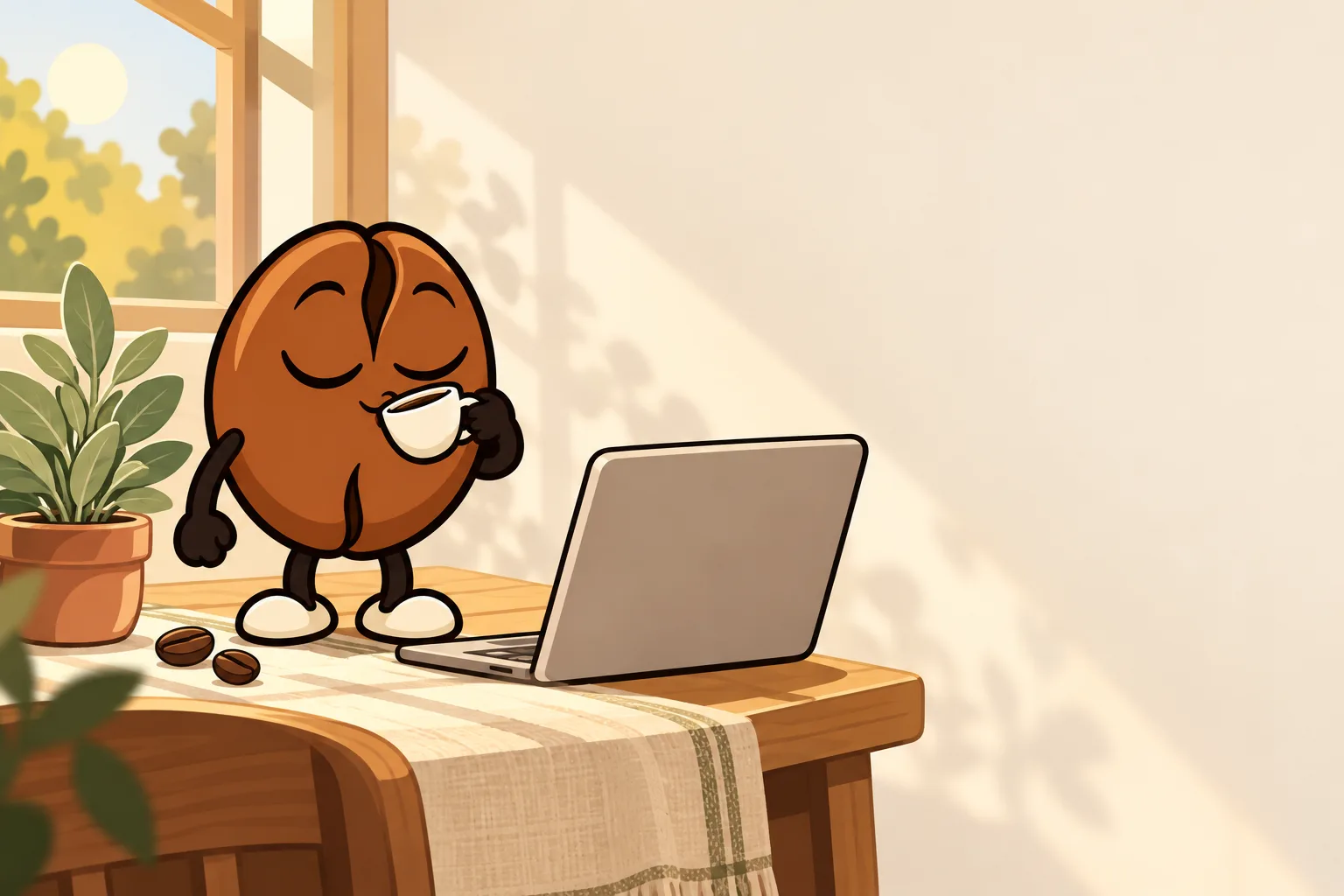Cartoon of Mr. Bean, a coffee bean with a cup, sipping beside an open laptop on a sunny desk.