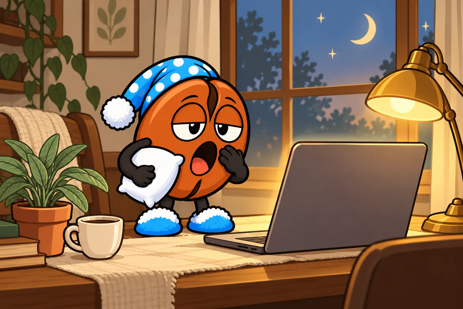 Cartoon of Snooze, a coffee bean in a nightcap, yawning beside a laptop under a desk lamp at night.